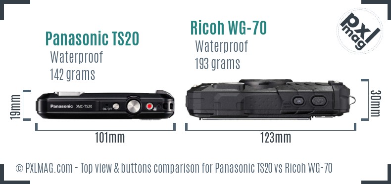 Panasonic TS20 vs Ricoh WG-70 top view buttons comparison