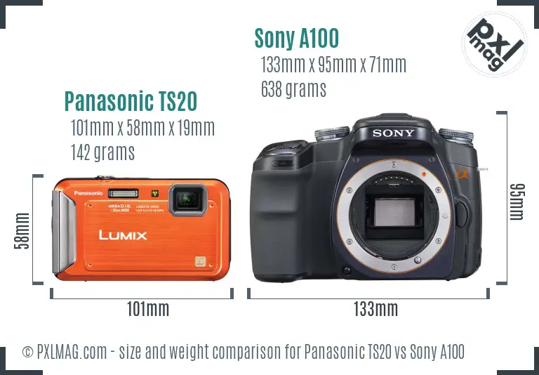 Panasonic TS20 vs Sony A100 size comparison