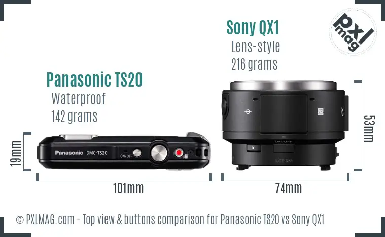 Panasonic TS20 vs Sony QX1 top view buttons comparison
