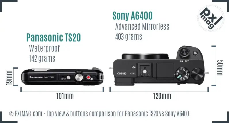 Panasonic TS20 vs Sony A6400 top view buttons comparison Panasonic TS20 vs Sony A6400 top view buttons comparison