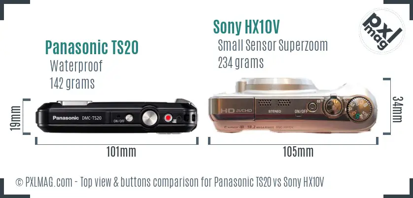 Panasonic TS20 vs Sony HX10V top view buttons comparison Panasonic TS20 vs Sony HX10V top view buttons comparison
