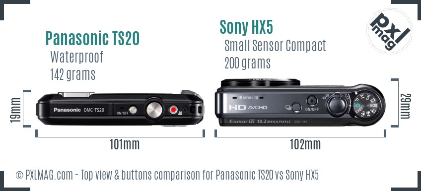 Panasonic TS20 vs Sony HX5 top view buttons comparison