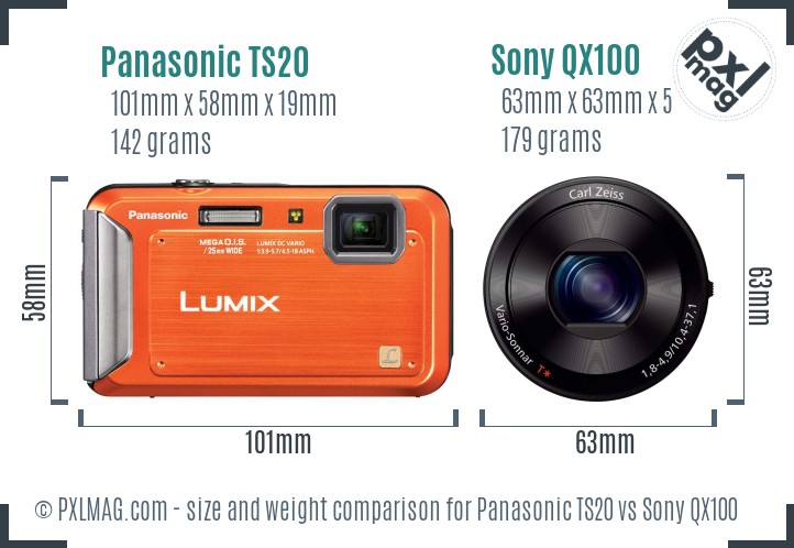 Panasonic TS20 vs Sony QX100 size comparison