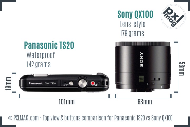 Panasonic TS20 vs Sony QX100 top view buttons comparison