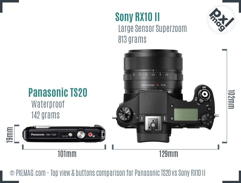 Panasonic TS20 vs Sony RX10 II top view buttons comparison