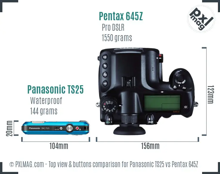 Panasonic TS25 vs Pentax 645Z top view buttons comparison