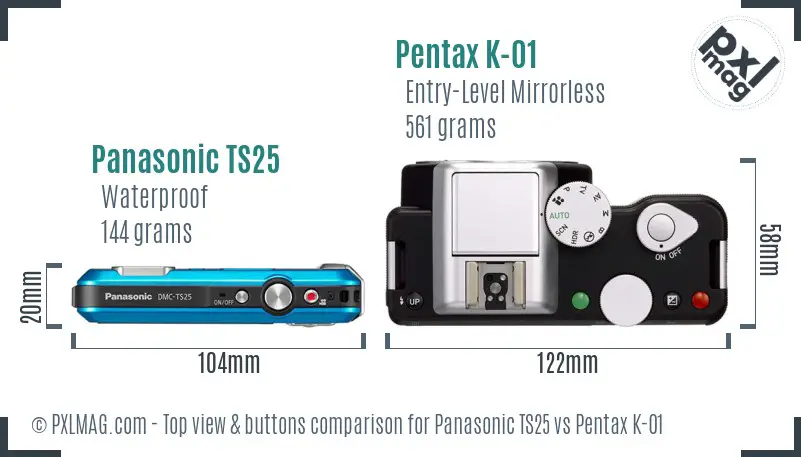 Panasonic TS25 vs Pentax K-01 top view buttons comparison