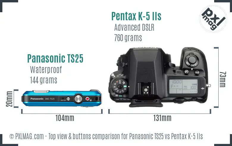 Panasonic TS25 vs Pentax K-5 IIs top view buttons comparison