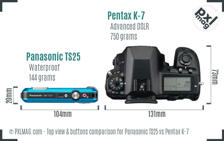 Panasonic TS25 vs Pentax K-7 top view buttons comparison
