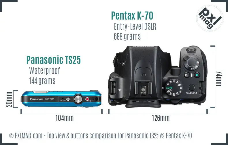Panasonic TS25 vs Pentax K-70 top view buttons comparison