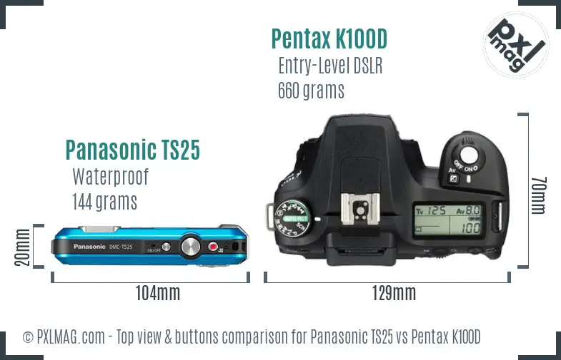 Panasonic TS25 vs Pentax K100D top view buttons comparison
