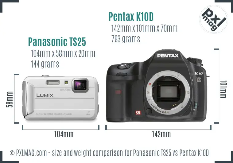 Panasonic TS25 vs Pentax K10D size comparison