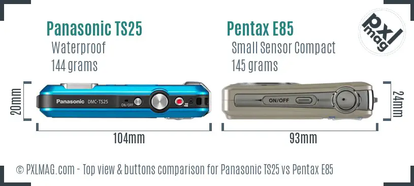 Panasonic TS25 vs Pentax E85 top view buttons comparison