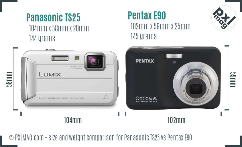 Panasonic TS25 vs Pentax E90 size comparison