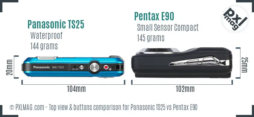 Panasonic TS25 vs Pentax E90 top view buttons comparison