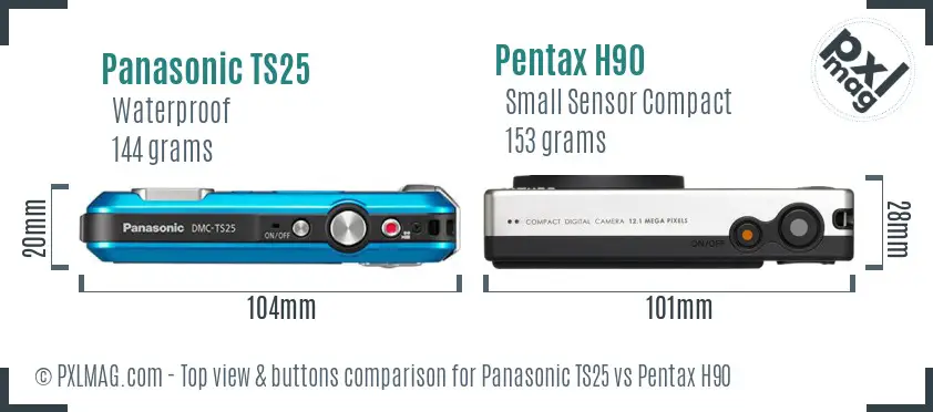 Panasonic TS25 vs Pentax H90 top view buttons comparison