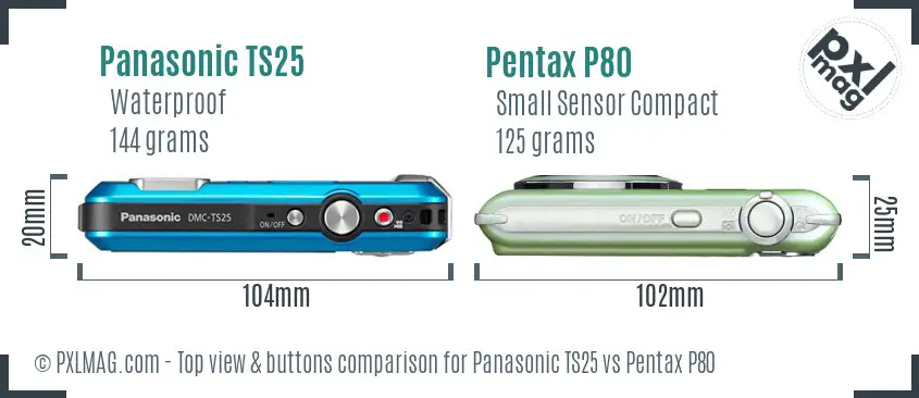 Panasonic TS25 vs Pentax P80 top view buttons comparison
