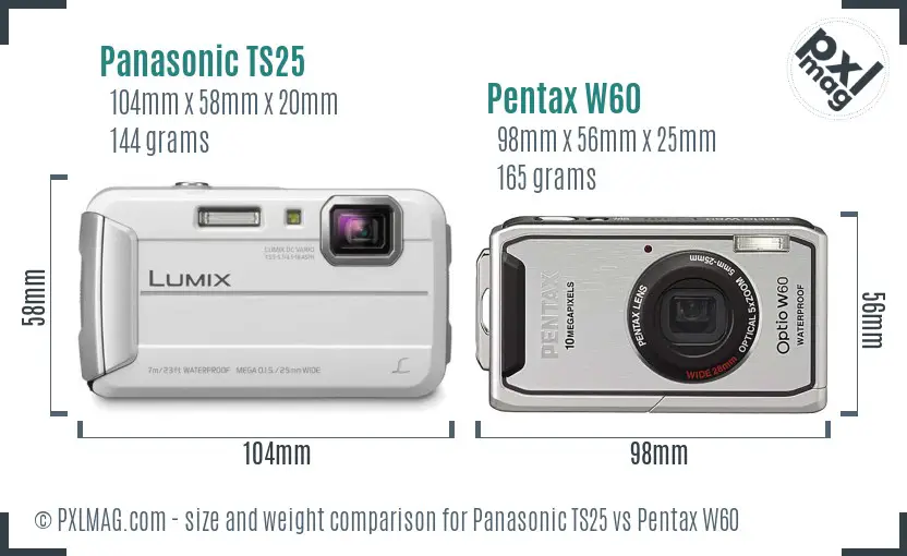 Panasonic TS25 vs Pentax W60 size comparison