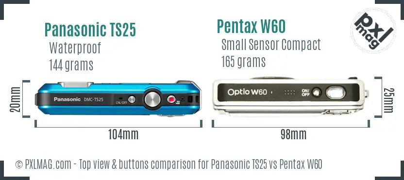 Panasonic TS25 vs Pentax W60 top view buttons comparison