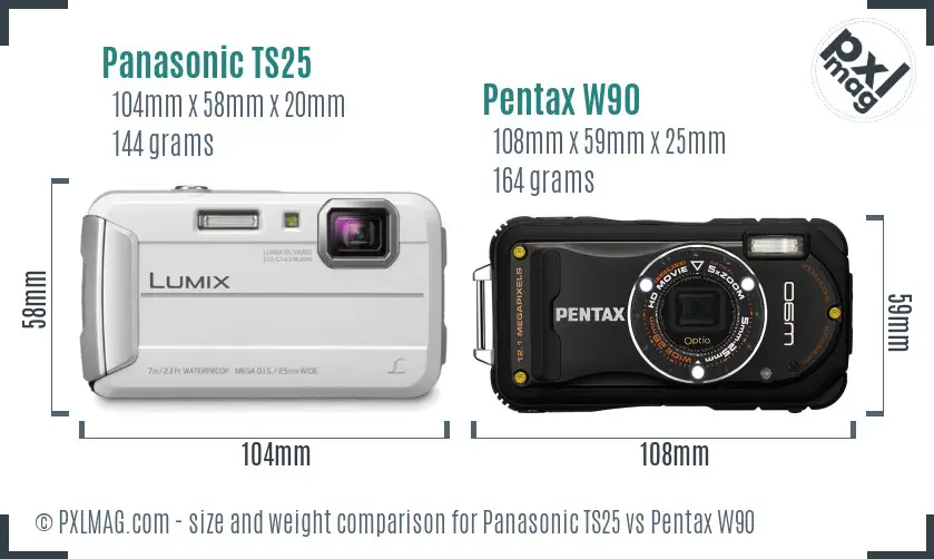 Panasonic TS25 vs Pentax W90 size comparison