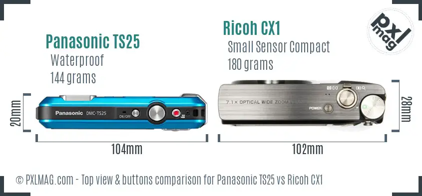 Panasonic TS25 vs Ricoh CX1 top view buttons comparison