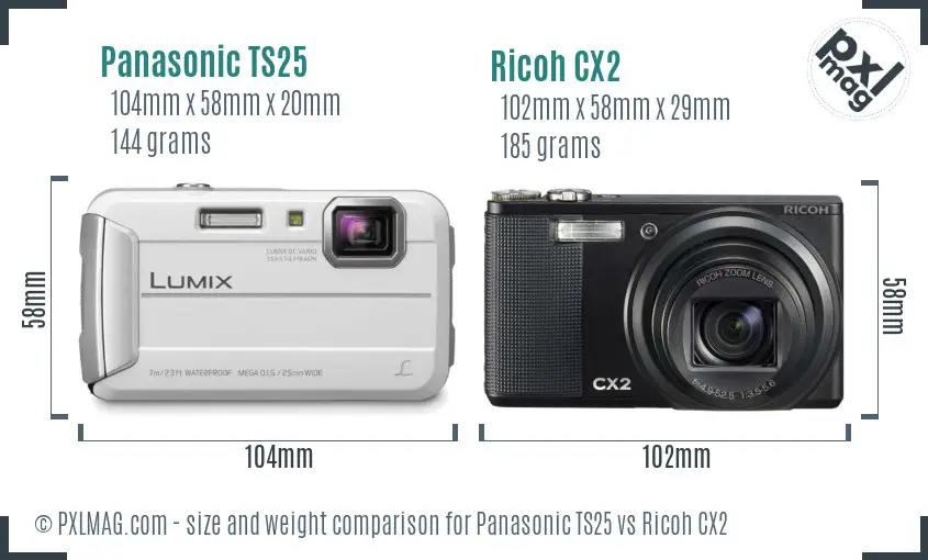 Panasonic TS25 vs Ricoh CX2 size comparison