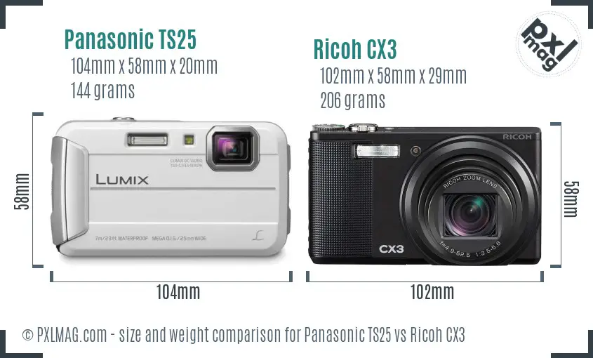 Panasonic TS25 vs Ricoh CX3 size comparison