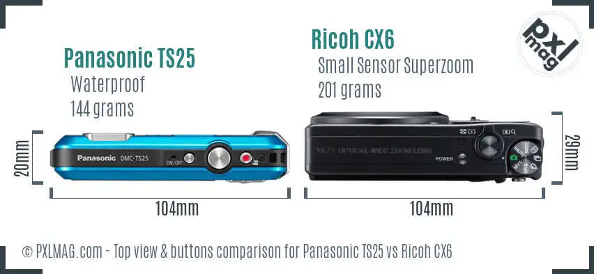 Panasonic TS25 vs Ricoh CX6 top view buttons comparison Panasonic TS25 vs Ricoh CX6 top view buttons comparison