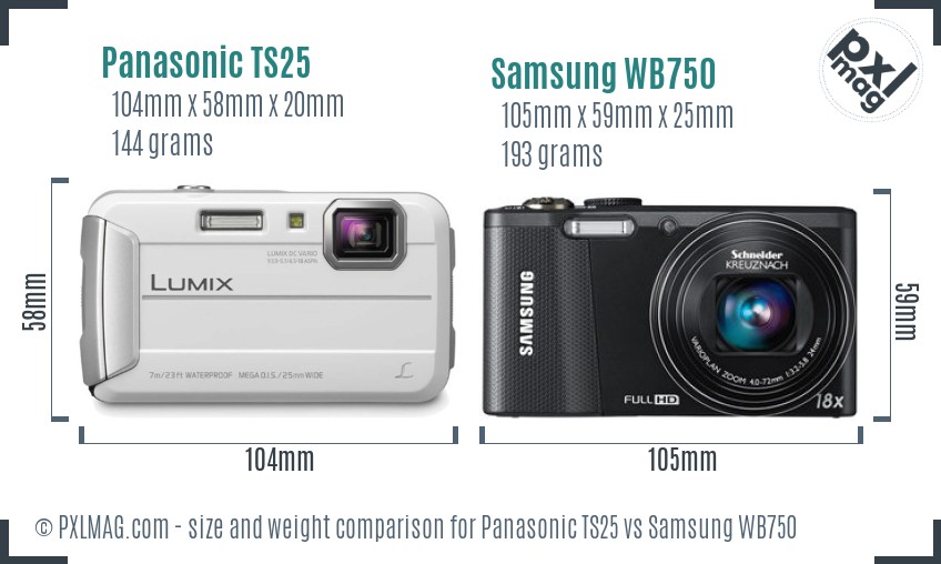 Panasonic TS25 vs Samsung WB750 size comparison