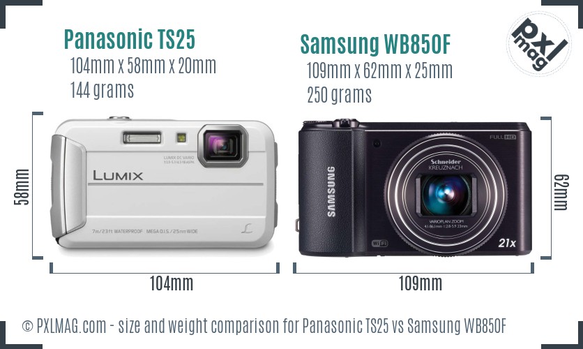 Panasonic TS25 vs Samsung WB850F size comparison