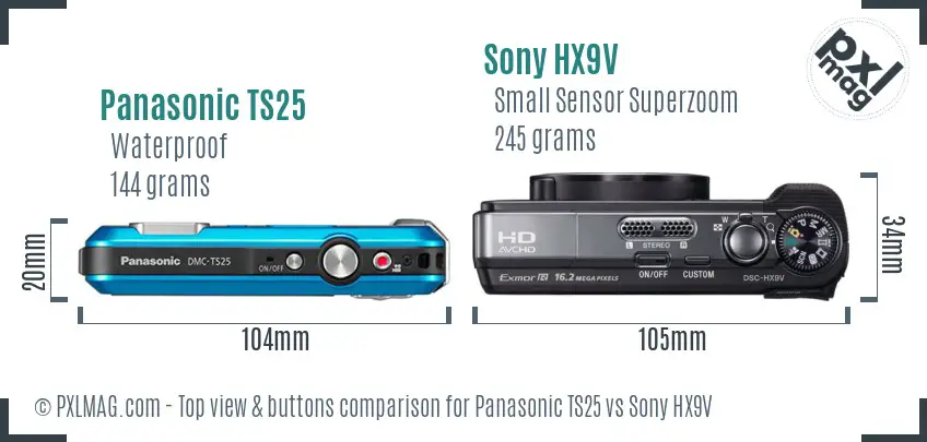 Panasonic TS25 vs Sony HX9V top view buttons comparison