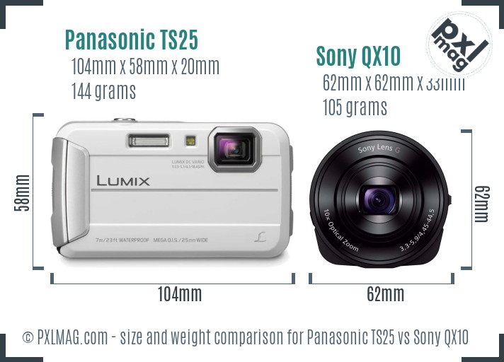 Panasonic TS25 vs Sony QX10 size comparison