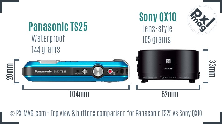 Panasonic TS25 vs Sony QX10 top view buttons comparison