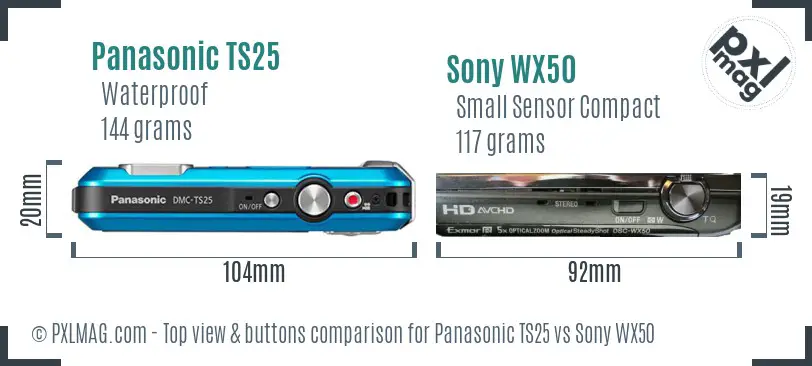 Panasonic TS25 vs Sony WX50 top view buttons comparison