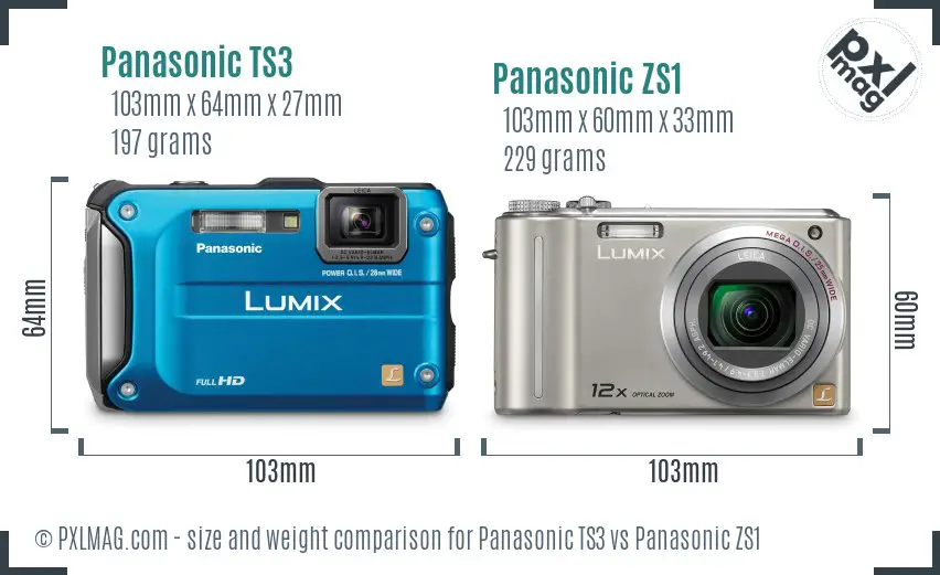 Panasonic TS3 vs Panasonic ZS1 size comparison