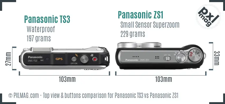 Panasonic TS3 vs Panasonic ZS1 top view buttons comparison