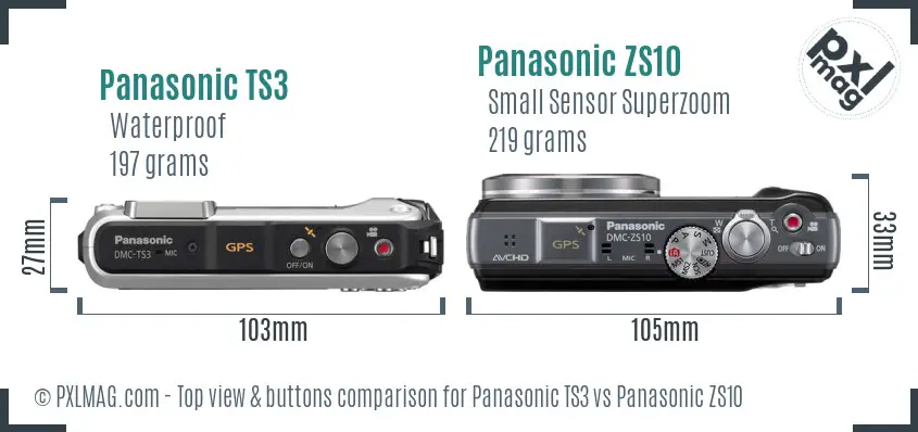 Panasonic TS3 vs Panasonic ZS10 top view buttons comparison