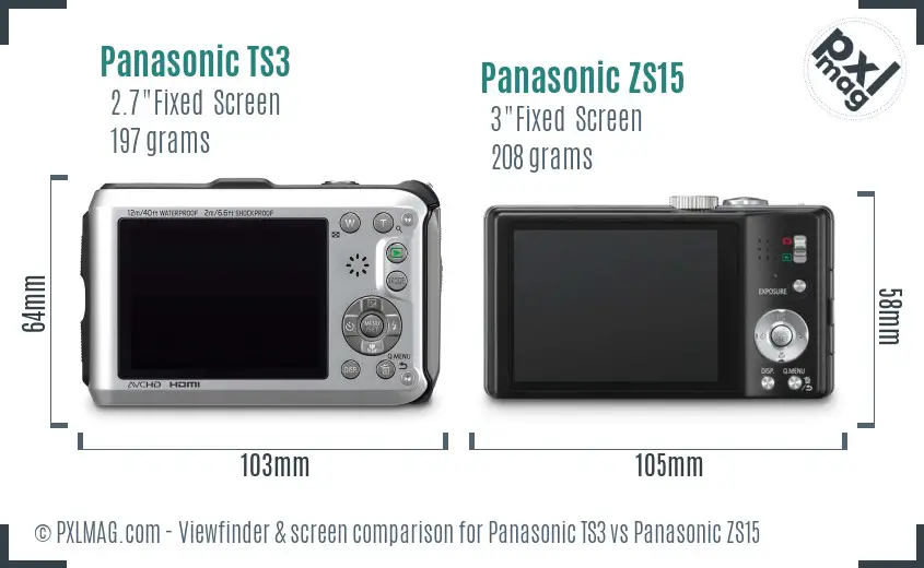 Panasonic TS3 vs Panasonic ZS15 Screen and Viewfinder comparison