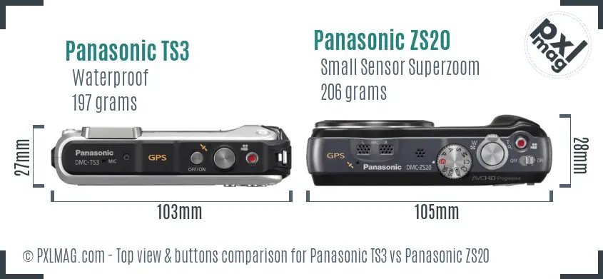 Panasonic TS3 vs Panasonic ZS20 top view buttons comparison