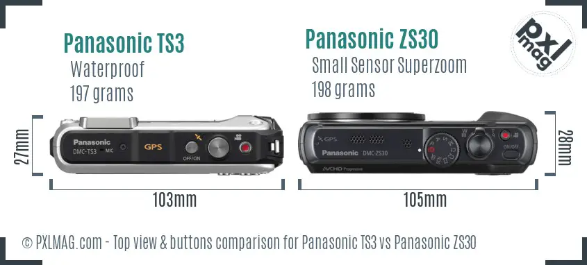 Panasonic TS3 vs Panasonic ZS30 top view buttons comparison