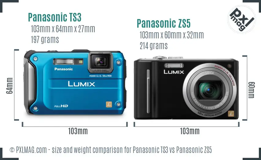 Panasonic TS3 vs Panasonic ZS5 size comparison