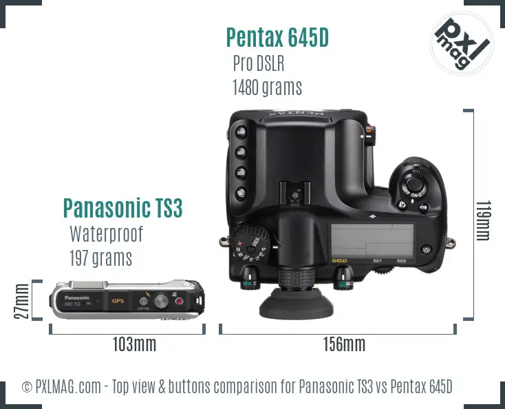 Panasonic TS3 vs Pentax 645D top view buttons comparison