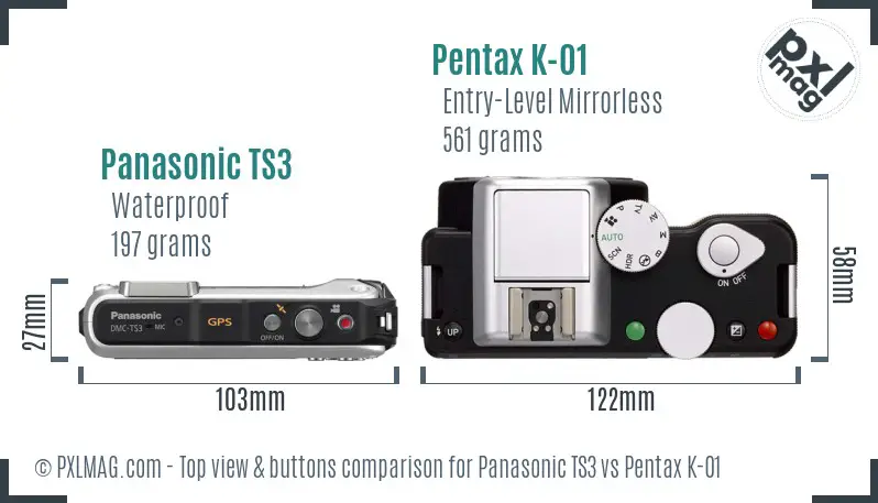 Panasonic TS3 vs Pentax K-01 top view buttons comparison