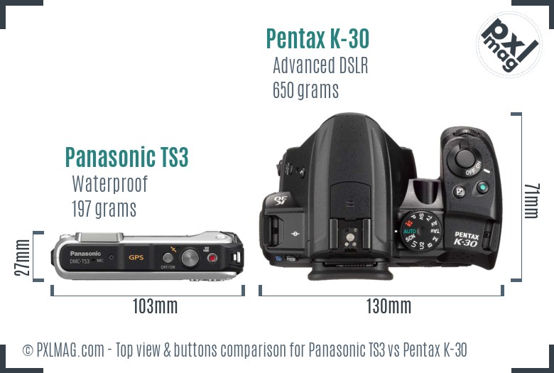 Panasonic TS3 vs Pentax K-30 top view buttons comparison