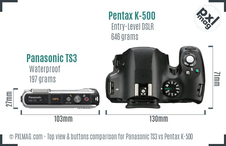 Panasonic TS3 vs Pentax K-500 top view buttons comparison