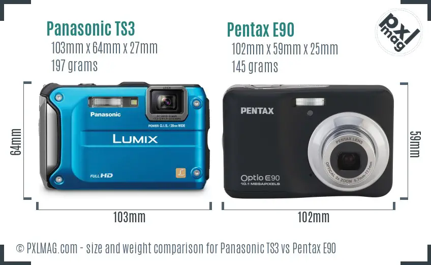 Panasonic TS3 vs Pentax E90 size comparison