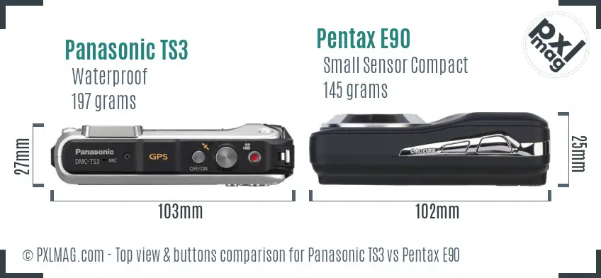 Panasonic TS3 vs Pentax E90 top view buttons comparison
