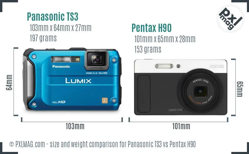 Panasonic TS3 vs Pentax H90 size comparison