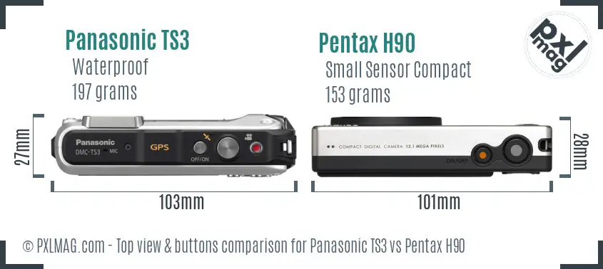 Panasonic TS3 vs Pentax H90 top view buttons comparison