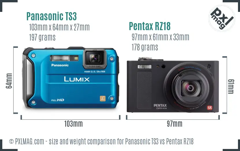 Panasonic TS3 vs Pentax RZ18 size comparison